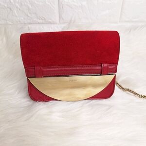 FURLA Red Suede and Leather Crossbody with Gold Mirror Like Detail and C…